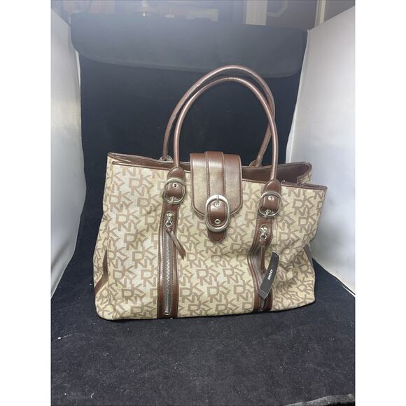 Dkny Handbags - Vintage DKNY Signature Logo Handbag Purse Tan Brown Leather Silver Buckles Trim